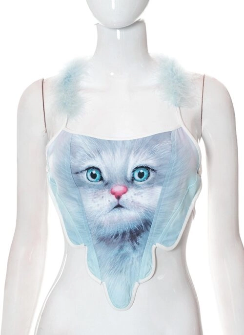 Blue Cat-Print Halter Crop Top | Sana – Twice