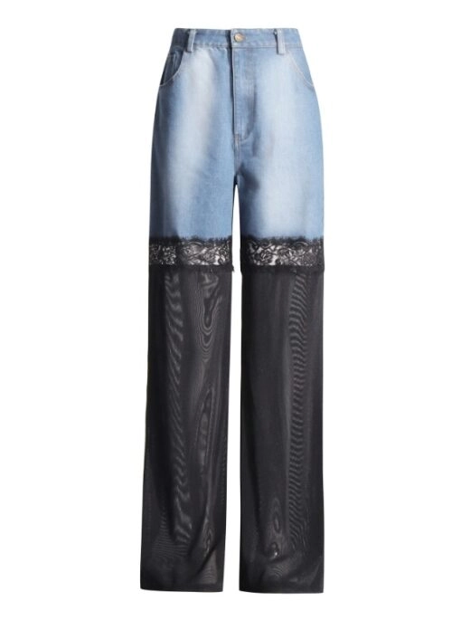 Blue Denim And Sheer Black Lace Panel Pants | Sana – Twice