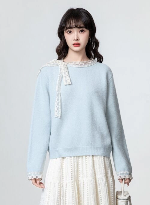 Blue Lace Lined Knit Sweater