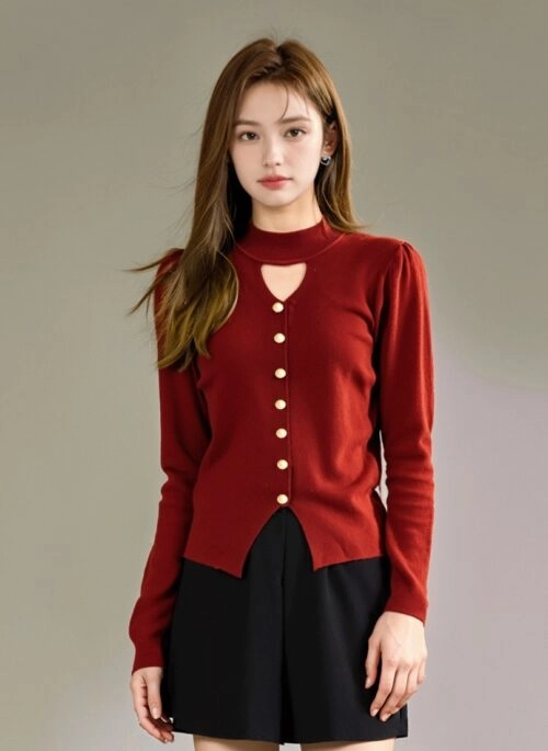 Red Bubble Sleeve High Neck Sweater With Front Slit