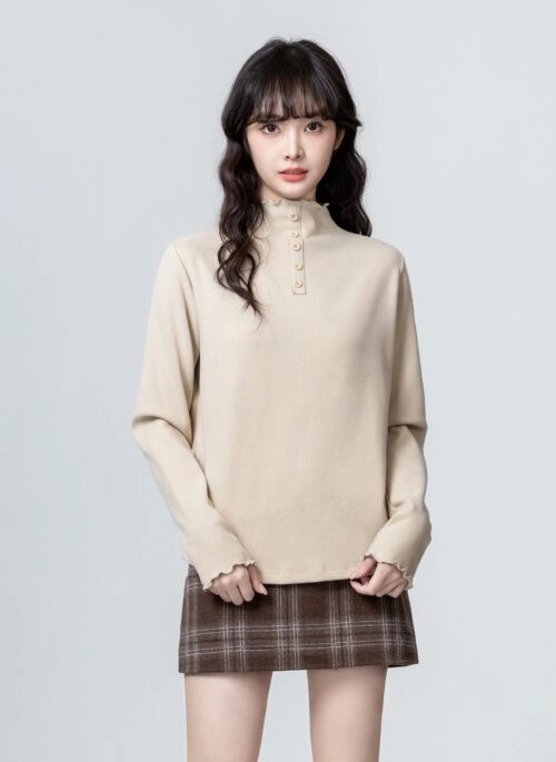 Cozy Ribbed High Neck Shirt With Quartr Button Design