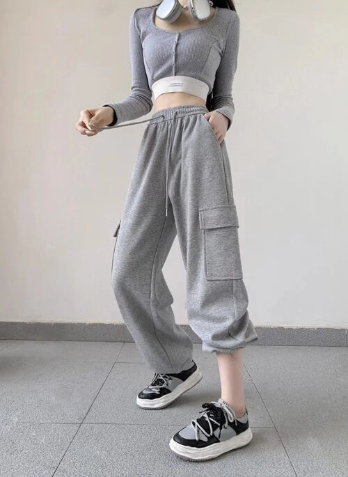 Grey Cargo Pockets Sweatpants | Yoon Joo Won – Family By Choice