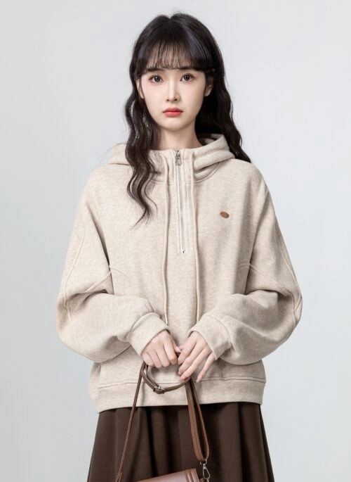 Hooded Pullover With Half Zipper And Loose Fit