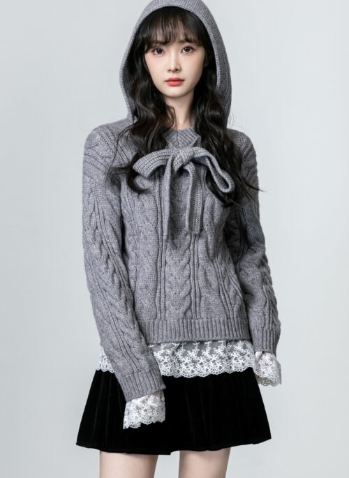 Lace Hooded Sweater With Bow