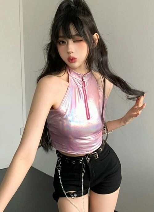 Pink Iridescent Zipper Halter Crop Top | Irene – Red Velvet