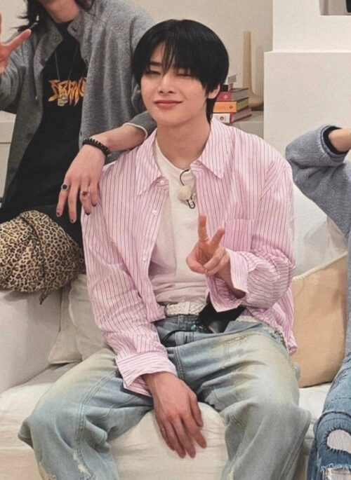 Pink Striped Button-Down Shirt | Jeongin – Stray Kids