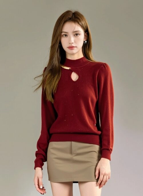 Red High Neck Knit Sweater With Half Chain Design