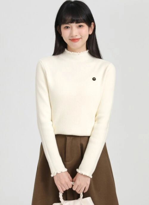 Apricot Thickened Velvet Knit Sweater With High Collar