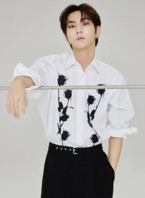 White Button Down Rose Print Shirt | Jungwon – Enhypen