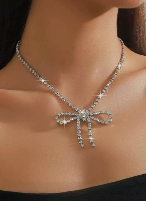 Silver Crystal Studded Bow Necklace | Irene – Red Velvet