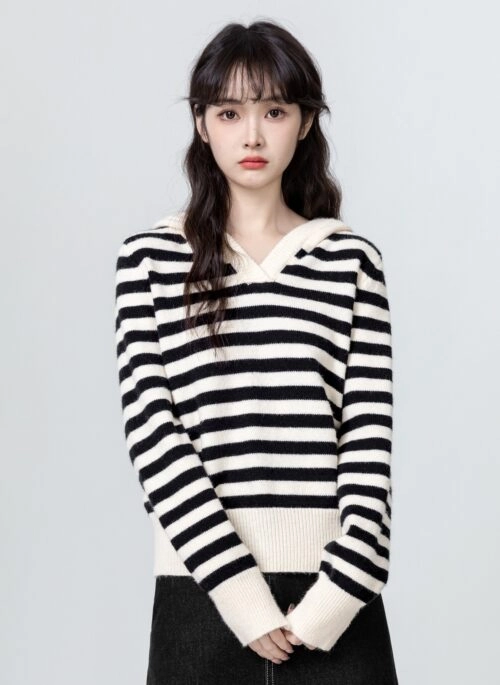 Striped Hooded Loose Sweater with Thick Knit