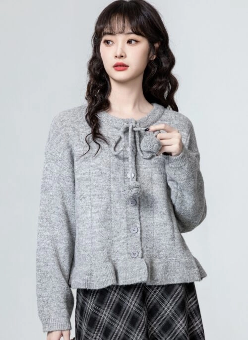 Stylish Gray Knit Sweater Cardigan With Lotus Leaf Hem