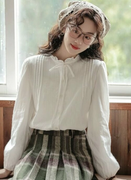 White Ruffle Neckline Pleated Blouse | Yoon Joo Won – Family By Choice