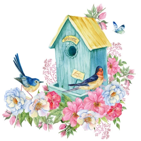 Πίνακας σε καμβά BIRD HOUSE BLUE BUTTERFLY SPRING - Πουλια Sticky 4