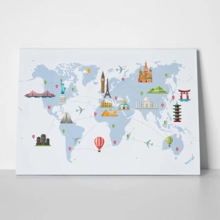 Πινακας σε καμβά FAMOUS LANDMARKS WORLD MAP