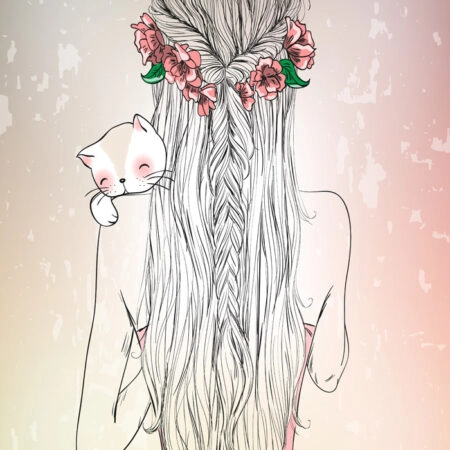 Πινακας σε καμβά HAND DRAWN LONGHAIR YOUNG GIRL WITH CAT - Πορτραιτα και Φιγουρες Sticky 4