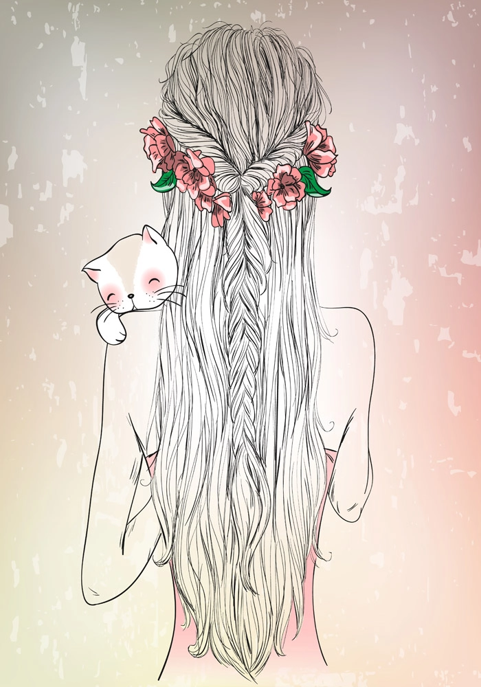 Πινακας σε καμβά HAND DRAWN LONGHAIR YOUNG GIRL WITH CAT