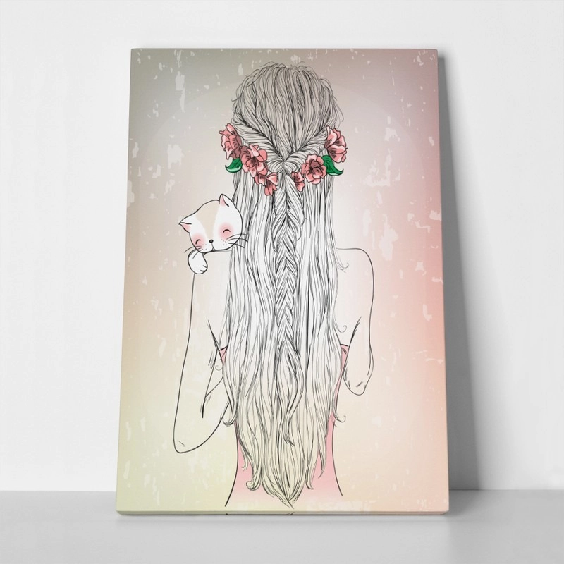 Πινακας σε καμβά HAND DRAWN LONGHAIR YOUNG GIRL WITH CAT