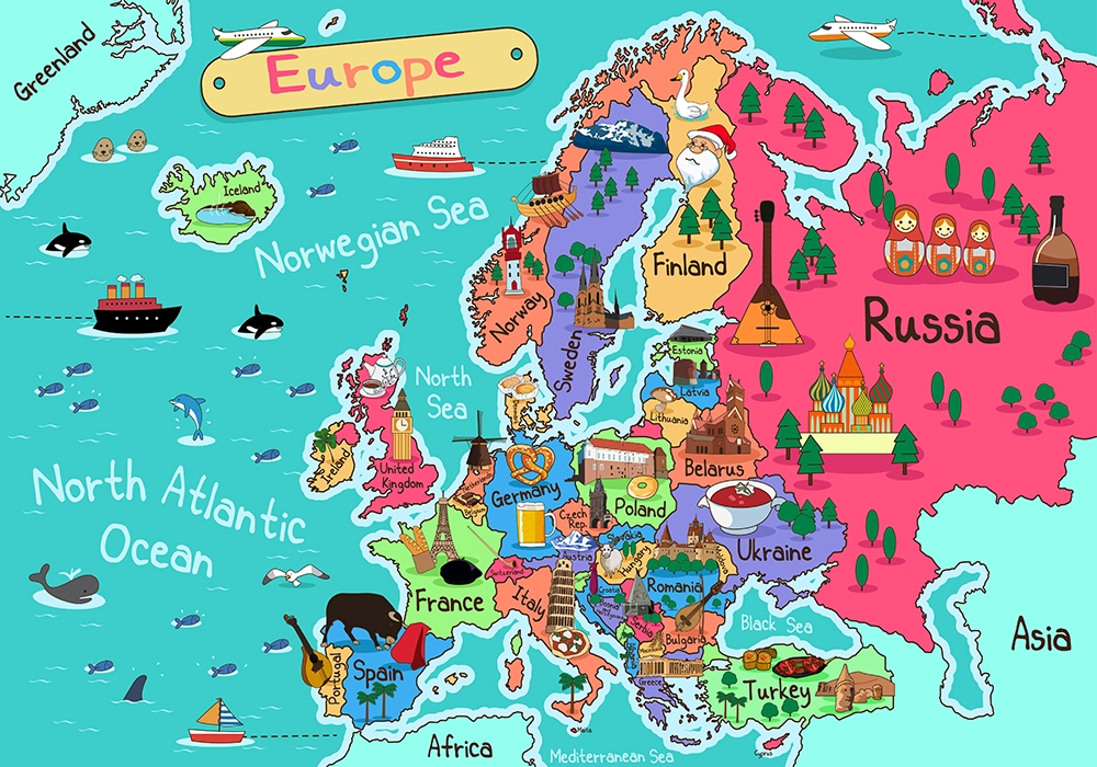 Πινακας σε καμβά ILLUSTRATION EUROPE MAP CARTOON STYLE