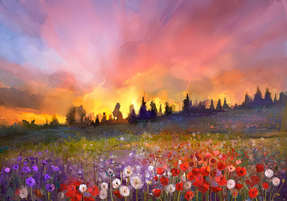 Πινακας σε καμβά OIL PAINTING POPPY DANDELION DAISY FLOWERS