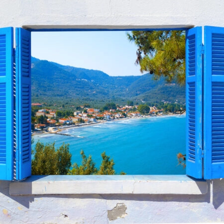 Πινακας σε καμβά THASSOS THROUGH WINDOW - Παραθαλασσιες πολεις και χωρια Sticky 4