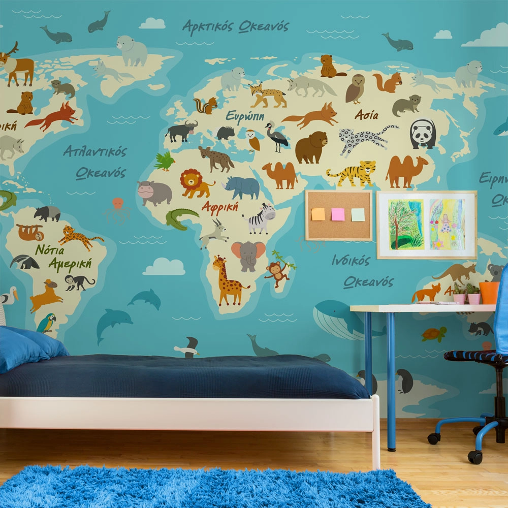 Αυτοκόλλητη Ταπετσαρία τοίχου CUTE ANIMALS WORLD MAP