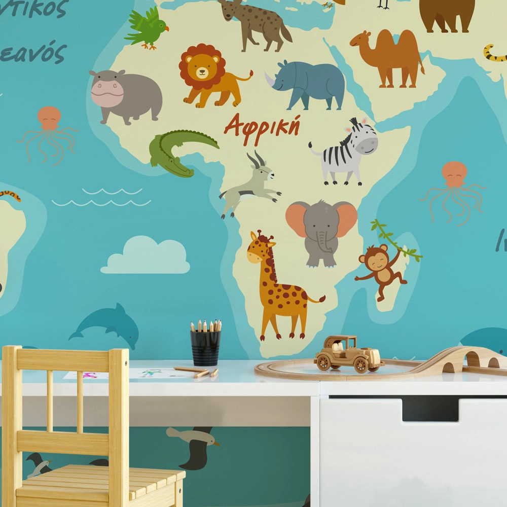 Αυτοκόλλητη Ταπετσαρία τοίχου CUTE ANIMALS WORLD MAP