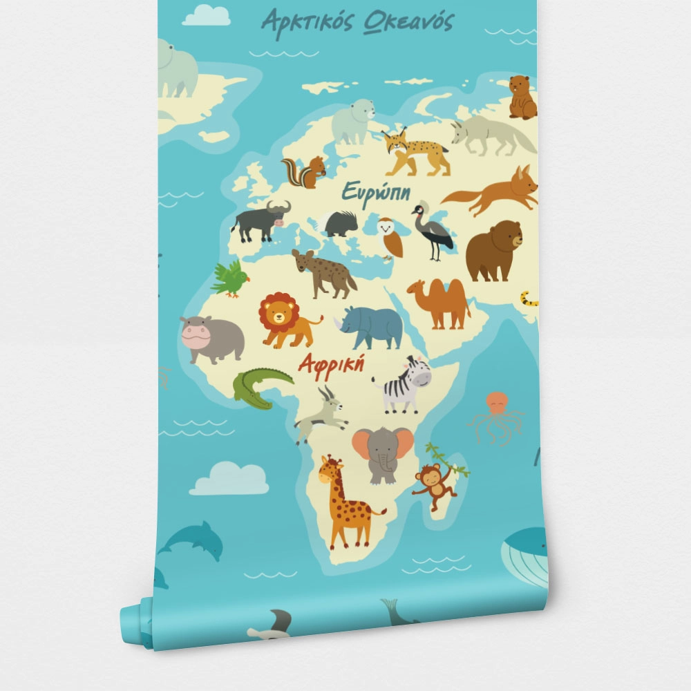 Αυτοκόλλητη Ταπετσαρία τοίχου CUTE ANIMALS WORLD MAP