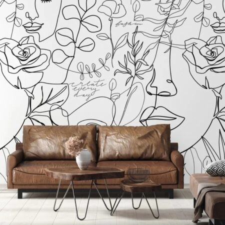 Αυτοκόλλητη Ταπετσαρία τοίχου FACE AND FLORAL LINE ART