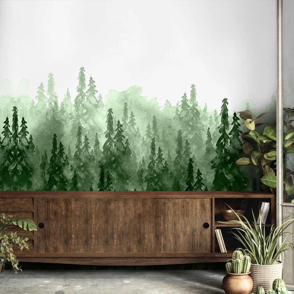 Αυτοκόλλητη Ταπετσαρία τοίχου FOGGY PINE FOREST WATERCOLOR