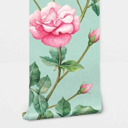 Αυτοκόλλητη Ταπετσαρία τοίχου PINK ROSES ON CYAN - Floral - Λουλουδια Sticky 2