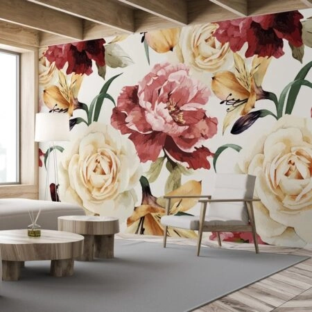 Αυτοκόλλητη Ταπετσαρία τοίχου RED AND BEIGE FLORAL WALLPAPER