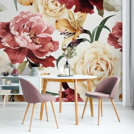 Αυτοκόλλητη Ταπετσαρία τοίχου RED AND BEIGE FLORAL WALLPAPER - Floral - Λουλουδια Sticky 1