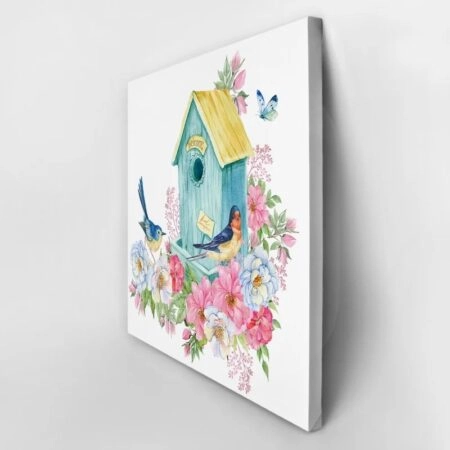 Πίνακας σε καμβά BIRD HOUSE BLUE BUTTERFLY SPRING - Πουλια Sticky 2