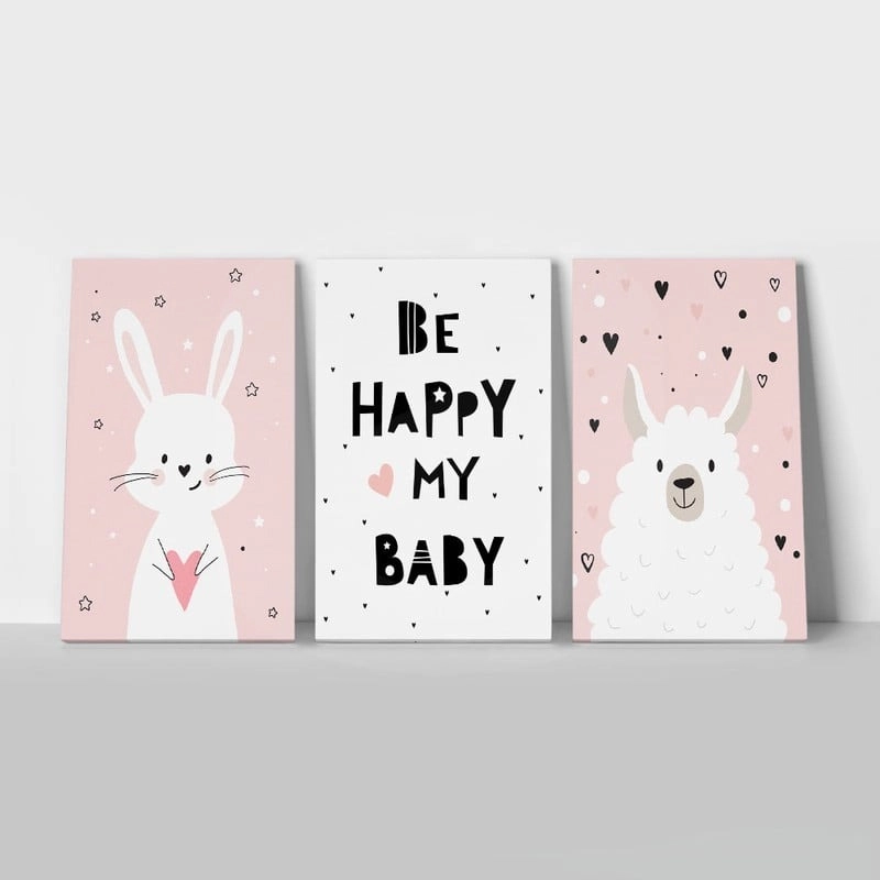 Σετ Τριπτυχος Πινακας σε καμβά BE HAPPY MY BABY