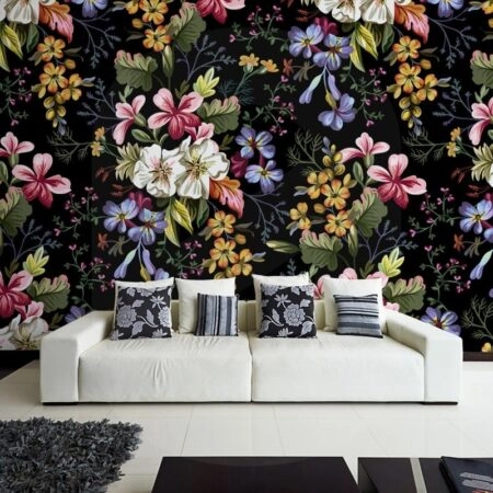 Αυτοκόλλητη Ταπετσαρία τοίχου DECORATIVE FLOWERS ON BLACK