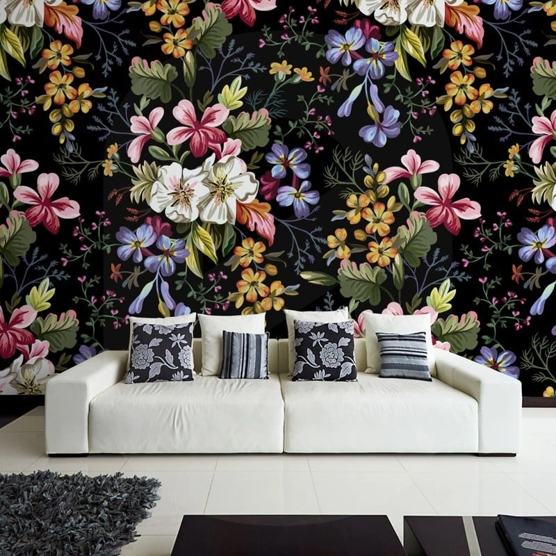 Αυτοκόλλητη Ταπετσαρία τοίχου DECORATIVE FLOWERS ON BLACK