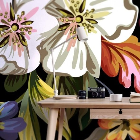 Αυτοκόλλητη Ταπετσαρία τοίχου DECORATIVE FLOWERS ON BLACK - Floral - Λουλουδια Sticky 1