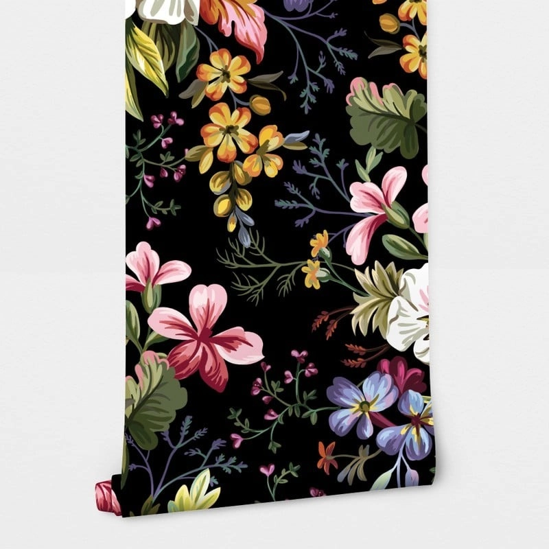 Αυτοκόλλητη Ταπετσαρία τοίχου DECORATIVE FLOWERS ON BLACK