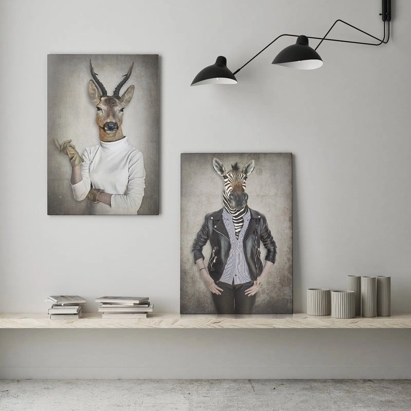 Σετ Δίπτυχος Πινακας σε καμβά DEER & ZEBRA IN CLOTHES