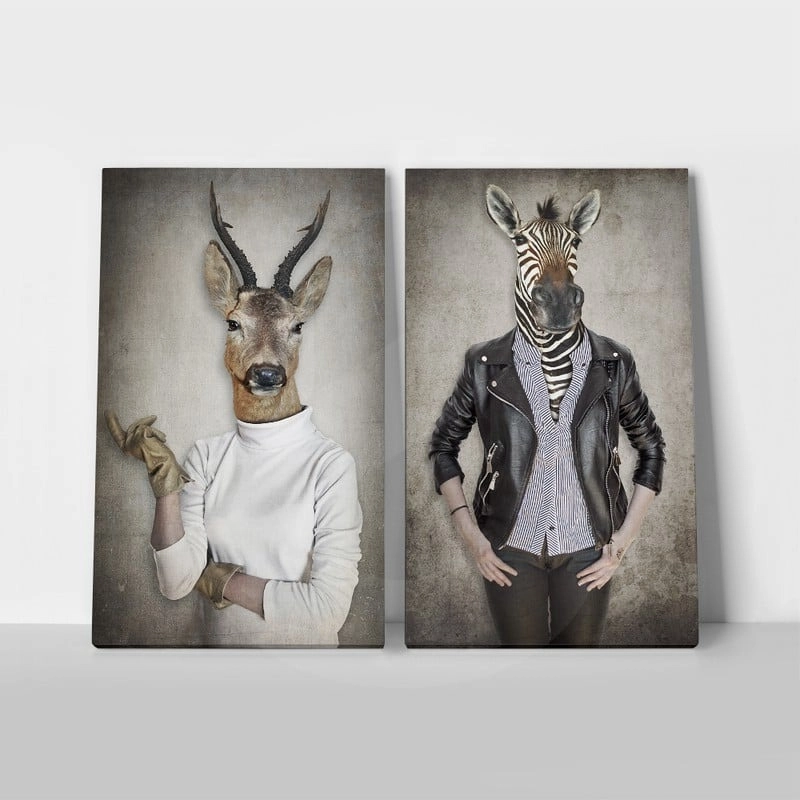 Σετ Δίπτυχος Πινακας σε καμβά DEER & ZEBRA IN CLOTHES