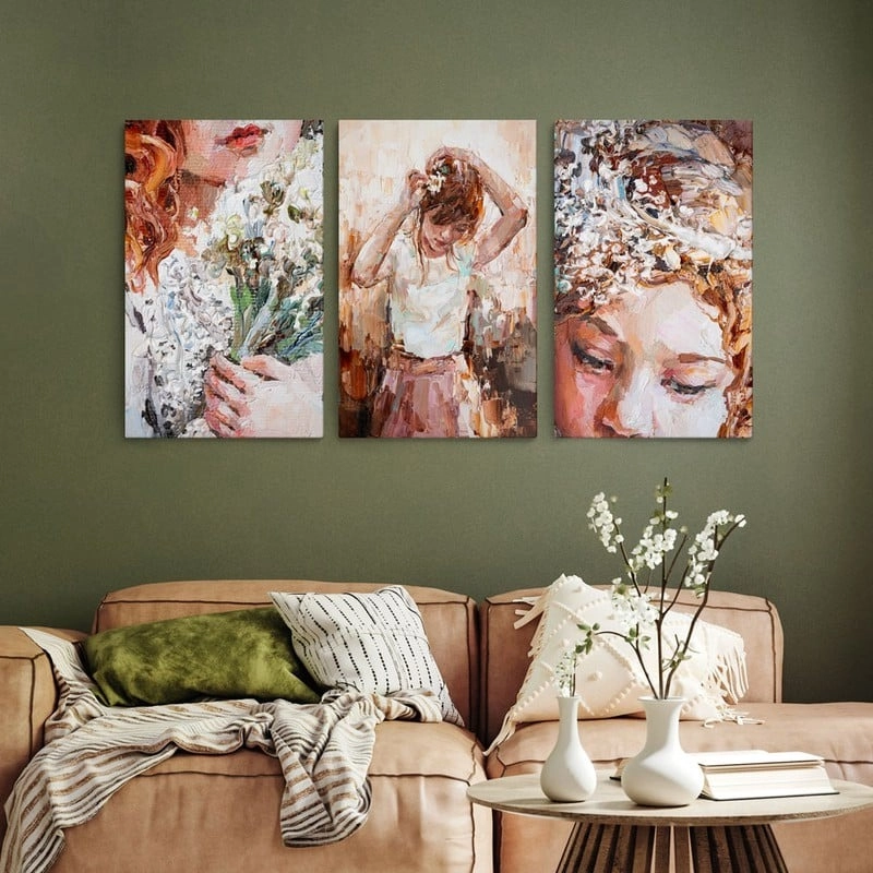 Σετ Τριπτυχος Πινακας σε καμβά GIRL WITH FLOWERS OIL PAINTING