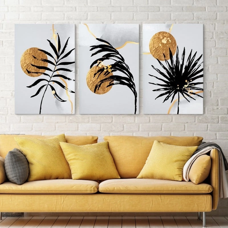 Σετ Τριπτυχος Πινακας σε καμβά GOLDEN SUN AND EXOTIC LEAVES