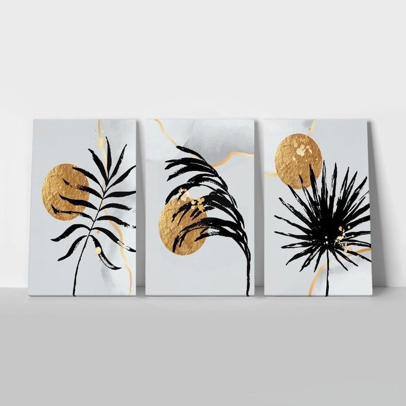 Σετ Τριπτυχος Πινακας σε καμβά GOLDEN SUN AND EXOTIC LEAVES
