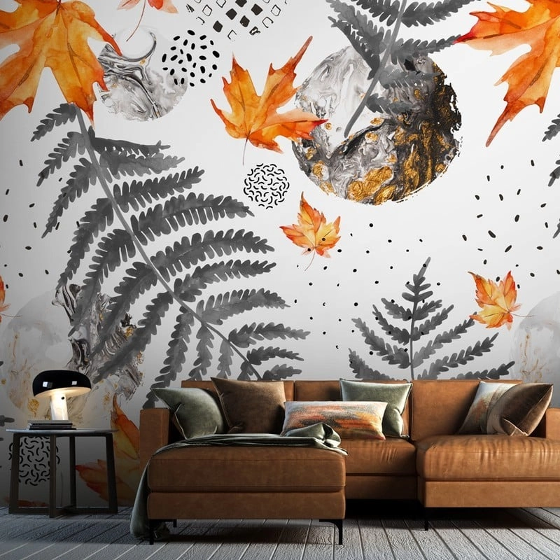 Αυτοκόλλητη Ταπετσαρία τοίχου GREY AND ORANGE WATERCOLOR AUTUMN