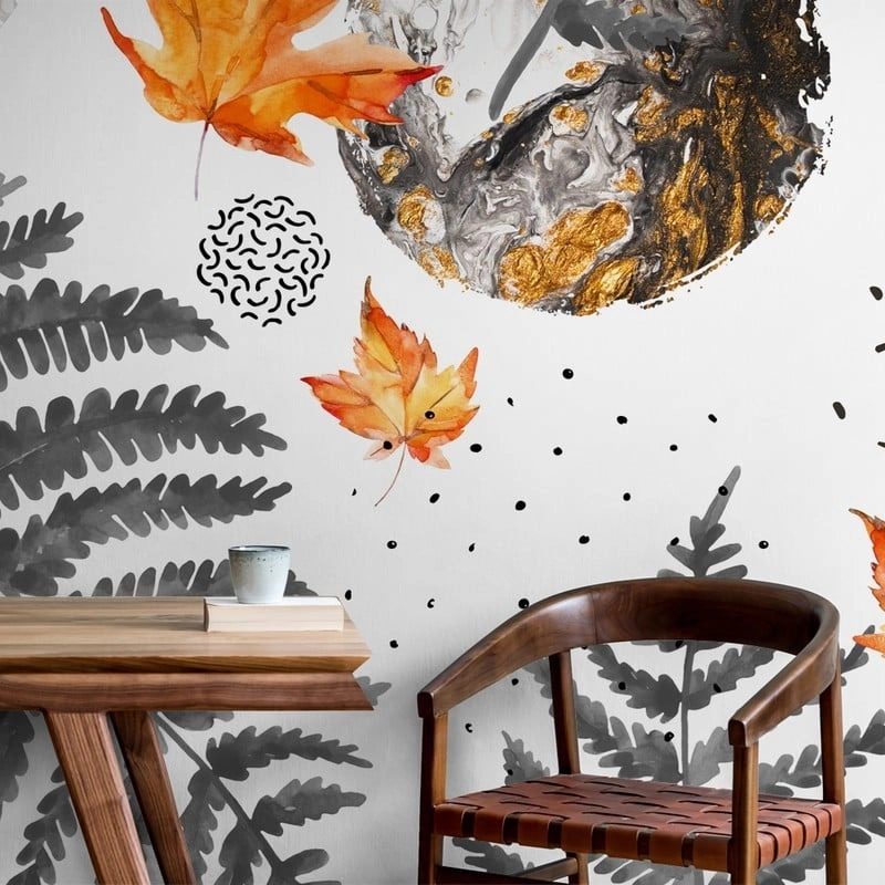 Αυτοκόλλητη Ταπετσαρία τοίχου GREY AND ORANGE WATERCOLOR AUTUMN