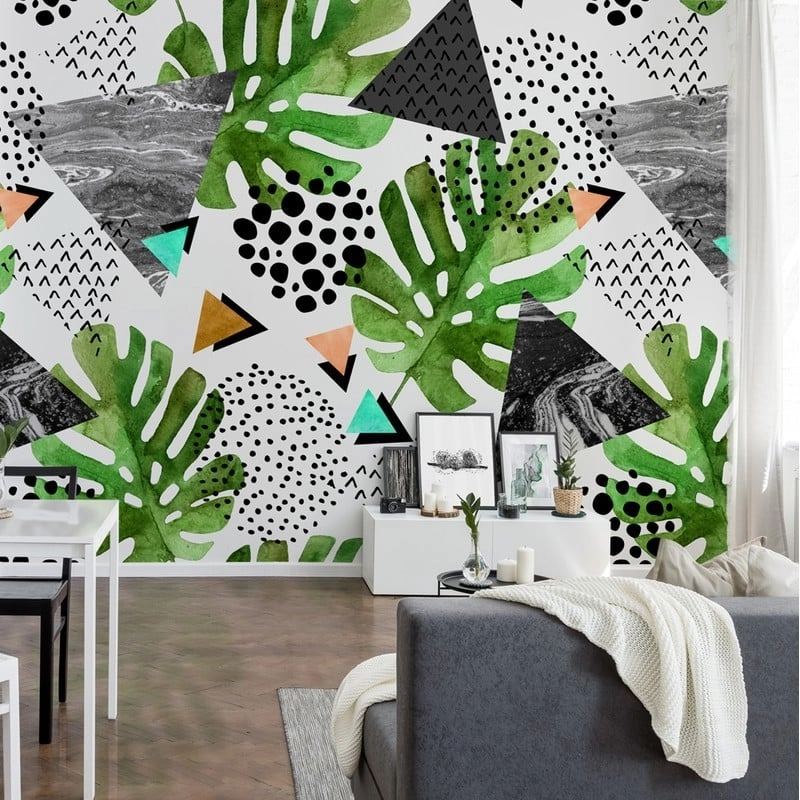 Αυτοκόλλητη Ταπετσαρία τοίχου WATERCOLOR TROPICAL LEAVES AND TRIANGLES