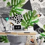 Αυτοκόλλητη Ταπετσαρία τοίχου WATERCOLOR TROPICAL LEAVES AND TRIANGLES