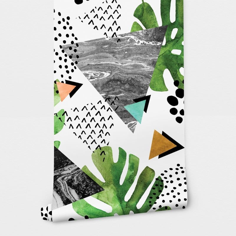 Αυτοκόλλητη Ταπετσαρία τοίχου WATERCOLOR TROPICAL LEAVES AND TRIANGLES