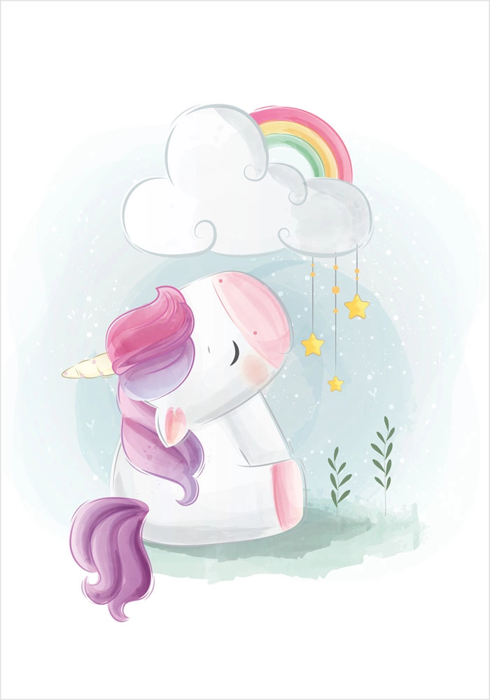 Πόστερ CUTE UNICORN SITTING UNDER RAINBOW CLOUD